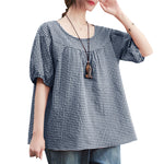 LinkMejor Women Plaid Blouses Shirt Trendy Casual Round Neck Top with Pleats Short Lantern Sleeves Shirt Loose Fit