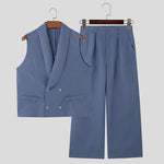 LinkMejor Mens Solid Color Double-Breasted Two Pieces Outfit Sleeveless Blazer Vest Pant Casual Suit for Male