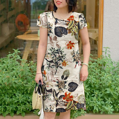 LinkMejor Womens Retro Crew Neck Raglan Sleeve Dress Floral Print Knee Length Cotton Linen Elegant Sundress