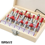 15PCS Woodworking Milling Cutter Set Tungsten Steel YG8 Alloy Blades Heat-Resistant Coating Multiple Shank Sizes for Precise Slotting and Trimming