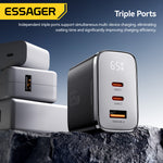 [GaN Tech] ESSAGER ES-CD56 65W 3-Port USB PD Charger USB-A+2USB-C PD3.2/3.0 QC2.0/3.0/4.0 AFC AVS PPS SCP FCP Fast Charging Wall Charger Adapter EU Plug for iPhone 17 17 Pro 16 Pro Max 15 14 for Huawei Mate XTs for OPPO for Xiaomi
