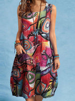 LinkMejor Women Plus Size Abstract Painted Button Pocket Sleeveless Casual Beach Midi Dress