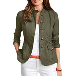 LinkMejor Womens Fashion Button Down Front Side Pocket Outwear Casual Long Sleeve Stand Collar Jackets
