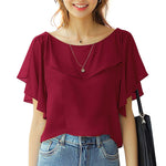 LinkMejor Women's Blouse Elegant Ruffle Sleeve Solid Crew Neck Plain Summer Shirt Pullover Top