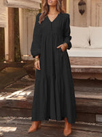 LinkMejor Plus Size Women Long Dress Solid Color V-neck Long Sleeve Causal Maxi Dress
