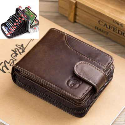 LinkMejor Genuine Leather Mens Zipper Wallet RFID Blocking Short Wallet Vintage Multi-card Holder Secure Coin Purse Compact Design Money Clip Stylish