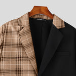 LinkMejor Mens Plaid Patchwork Long Sleeve Blazer Two-tone Stylish Casual Suit Outwear for Spring Fall
