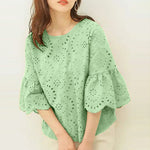 LinkMejor Women Korean Casual Shirt Daily Embroidery Hollow Ruffle Sleeve Blouses