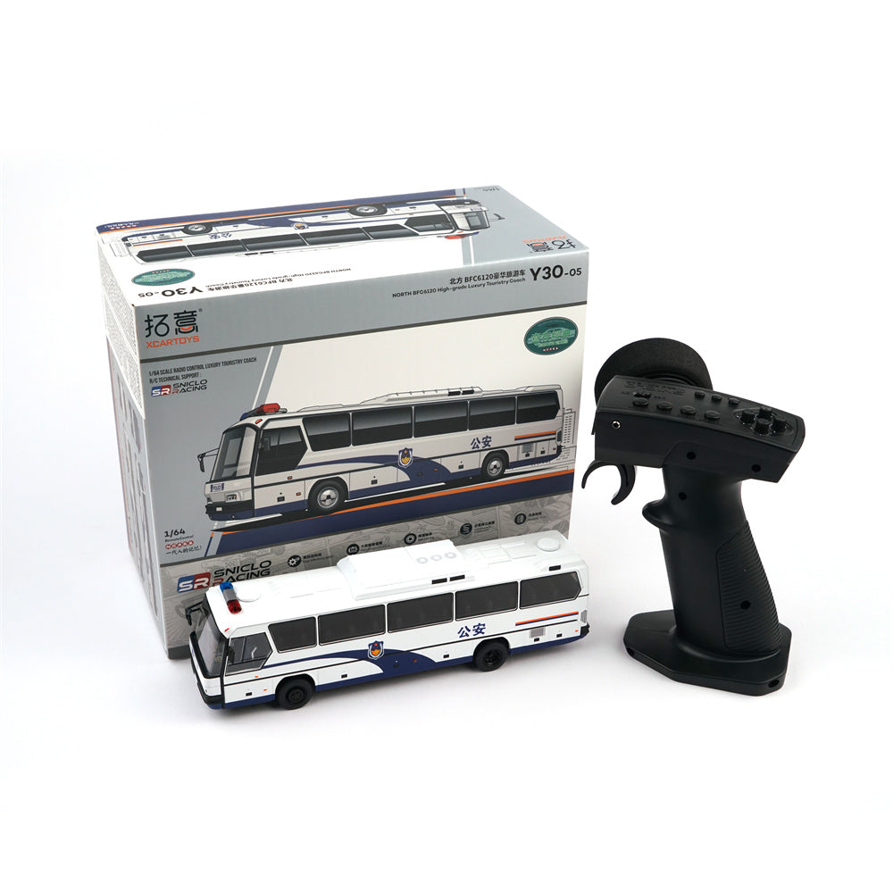 LinkMejor XCARTOYS Y30-05 RTR 1/64 2.4G RWD RC Car Alloy Police Bus LED Light Full Proportional Control North BFC6120 High-Grade Luxury Touristry Remote Control Vehicles Models Toys