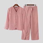 LinkMejor Mens Solid Color Long Sleeve Two-Piece Outfit Collarless Blazer & Suit Pants Men's Fashion Set