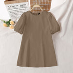 LinkMejor Womens Casual Round Neck Shirt Dress Puff Sleeve Short Dress A Line Solid Tunic Mini Dresses Plus Size