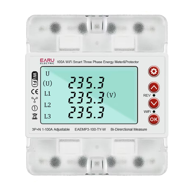 380V 100A Tuya Smart WiFi 3 Phase Bi-Directional Energy Power kWh Meter Over Under Voltage Protector Relay Switch Current Limit Work with Alexa Google Assistant
