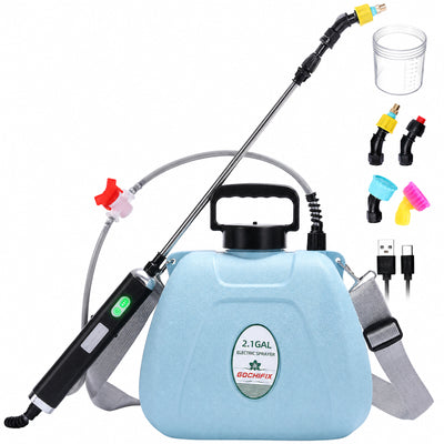 LinkMejor 2.1 Gallon Electric Sprayer 8L Portable Garden Sprayer With 7.4V Waterproof Handle 2000mAh Battery 4 Nozzles 6 Spray Modes Telescopic Wand
