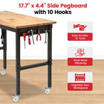 LinkMejor Adjustable Workbench 48-Inch Work Bench with Power Outlet Wheels and Pegboard 2000 lbs Load Heavy Duty Oak Wood Top Work Table for Garage Workshop Office and Home