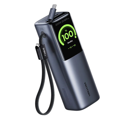 Vention FKV 200W 90Wh 25000mAh Smart Display Power Bank Come with 2USB-C Cables External Battery Power Supply with 3 Inputs & 4 Outputs Support PD QC PPS UFCS Fast Charging for iPhone 17 17Pro 16 Pro Max 15 14 13 for Huawei Mate XTs for OPPO for VIVO