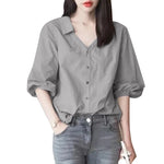 LinkMejor Women's Blouse Commute New Fashion Lantern Sleeve V-Neck Lapel Solid Office Top Shirt
