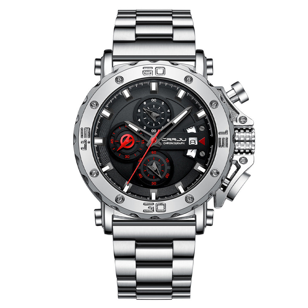 LinkMejor Men's Quartz Chronograph Watch Stainless Steel Strap Waterproof Large Dial Luminous Sport Wristwatch with Date Function