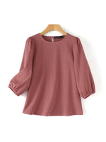 LinkMejor Women's Blouse Casual Lantern Sleeve Round Neck Shirt Plain Party Commute Pullover Tops