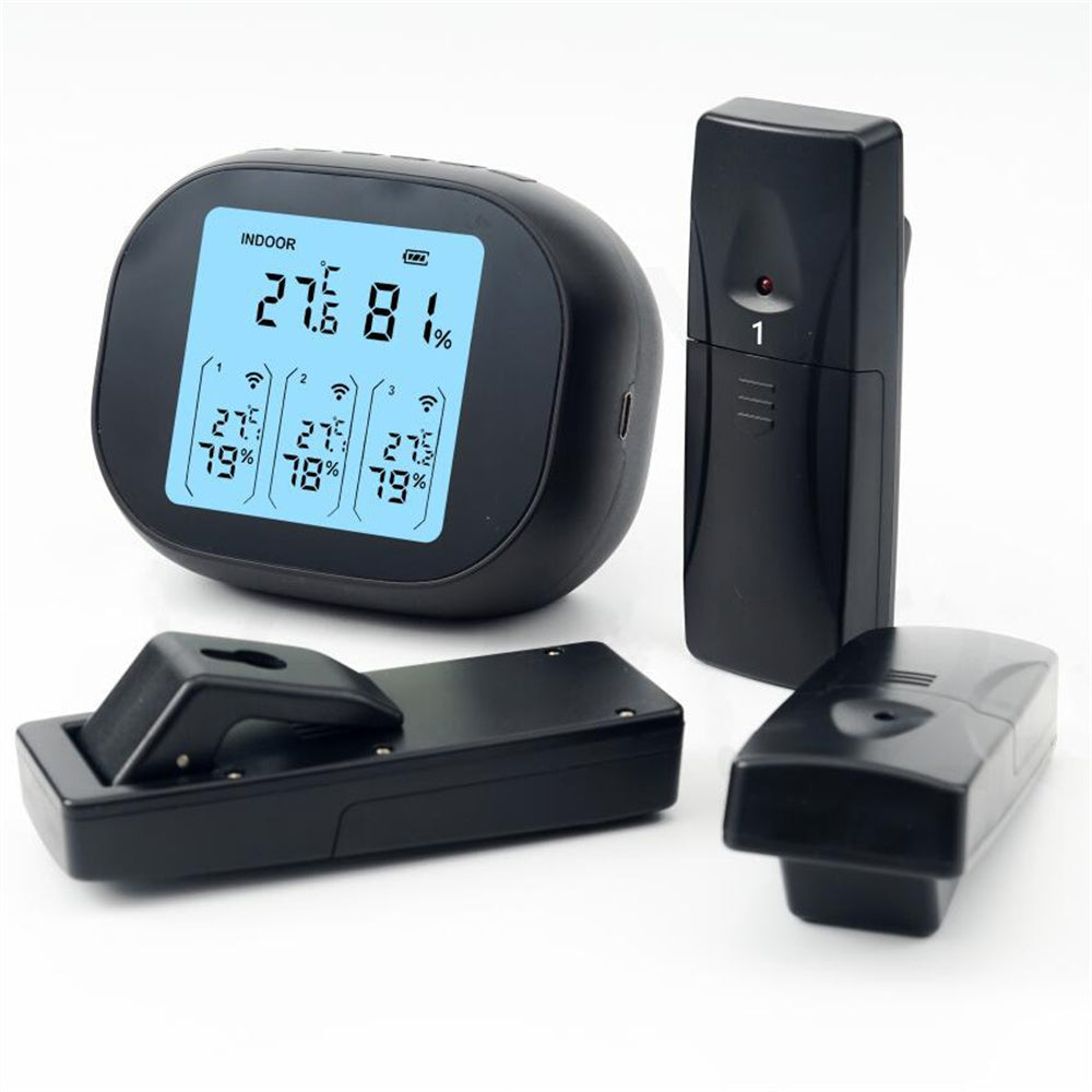 3-in-1 Wireless Hygrometer with Dual Sensors Indoor Outdoor Temperature Humidity Gauge 433Mhz 100m Range USB Charging 2000mAh Battery Max Min Memory Adjustable Brightness