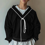 LinkMejor Mens Twist Patchwork V-Neck Long Sleeve T-Shirt Fashion Solid Color Drawstring Design Tshirt