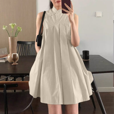 LinkMejor Women Elegant Stand Collar Sundress Sleeveless A-Line Midi Party Prom Dress