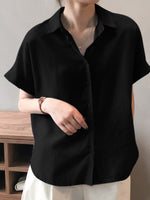 LinkMejor Women Cotton Linen Blouses Solid Button Lapel Roll Sleeve Short Sleeve Casual Shirt Plus Size