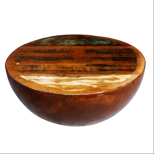 Unique Coffee Table Bowl-shaped with Steel Base Solid Reclaimed Wood Accent End Table
