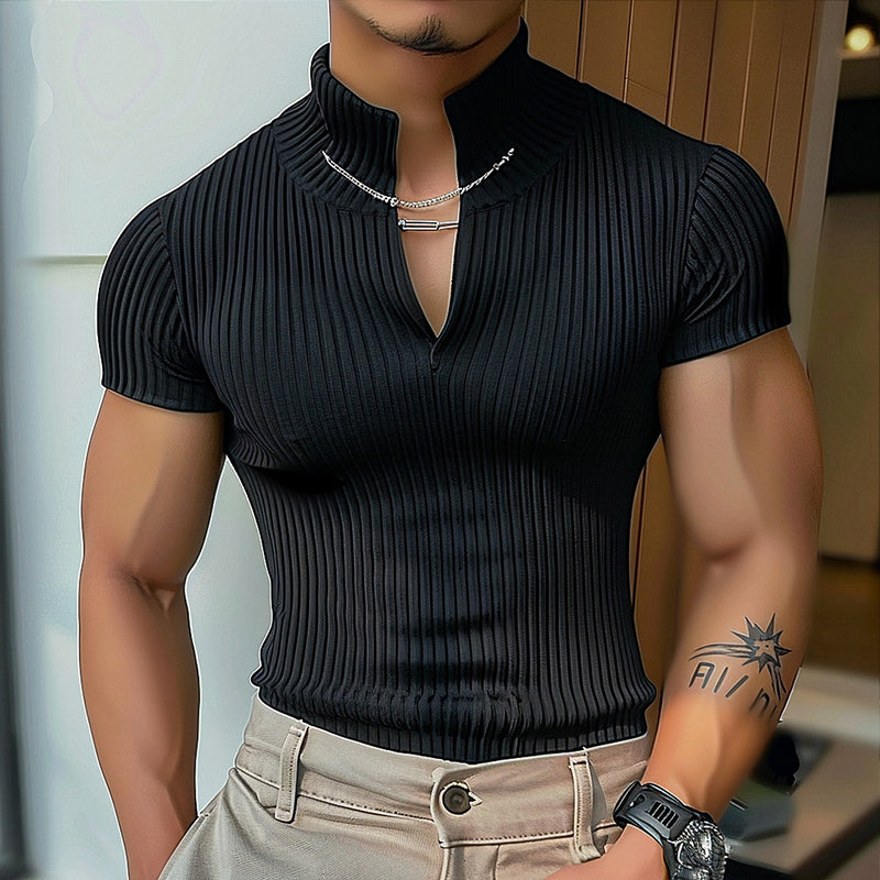 LinkMejor Men's Solid Color Knitted Half Turtleneck Chain Deco Short Sleeve T-Shirt