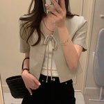 LinkMejor Daily Short Suit Jacket with Tie Front Collar, Short Sleeves Cotton Linen Blend Women's Blazer