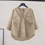 LinkMejor Womens Daily Casual Crew Neck Puff Sleeve Shirts Office Lady Button Up Solid Blouses with Pockets