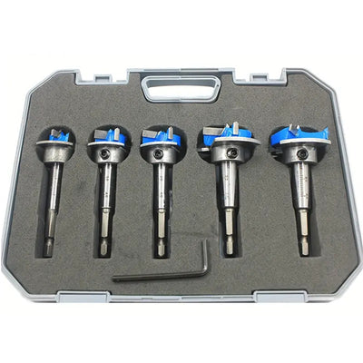 5pcs Woodworking Hole Opener Set Blue Carbide Adjustable Opener Drilling Wood Hinge Drill Bits Detachable Strong Back Plate 15-35mm