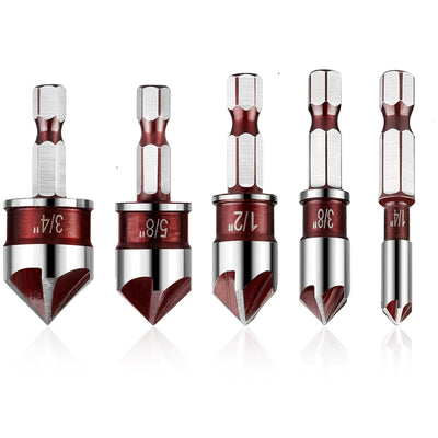 5PCS Countersink Drill Bit Set 82 Degree 5 Flute Uncoated Hex Shank 1/4 to 3/4 Inch for Wood Metal Plastic Chamfering Deburring