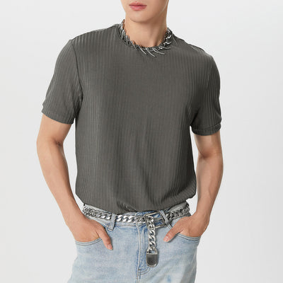 LinkMejor Mens Solid Color Rib Knitted Crew Neck T-Shirt Comfortable Breathable Short Sleeve Tshirt for Summer