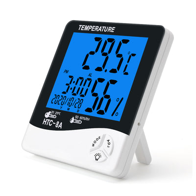 HTC8A Digital LCD Thermometer Hygrometer Large Display Indoor Temperature Humidity Monitor with Alarm Clock Calendar Backlight Max Min Memory Celsius Fahrenheit Home Office Room Desktop Wall Mount