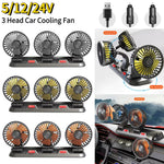 3 Head Car Fan 360° Adjustable Automotive Air Fan 5V USB Charging 12V 24V Low Noise Universal Auto Vehicle Fan