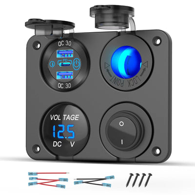 4 In 1 12V Marine Switch Panel Dual PD30W QC18W Car USB Port Aluminum Charger Lighted 150W Car Socket Blue LED Voltmeter and Rocker Switch