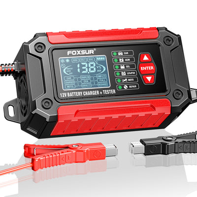 LinkMejor FTC-1206 Car Battery Charger Tester with Comprehensive Health Check Precise Test Range 4AH-200AH Pulse Repair Function User-Friendly LCD Screen Safe AC to DC Charging Protection