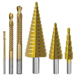 6PCS High-Speed Steel Step Drill Bits Set Titanium Coated 4-12mm 4-20mm 4-32mm Serrated Drill Bits for Metal Plastic Wood Sturdy Tools