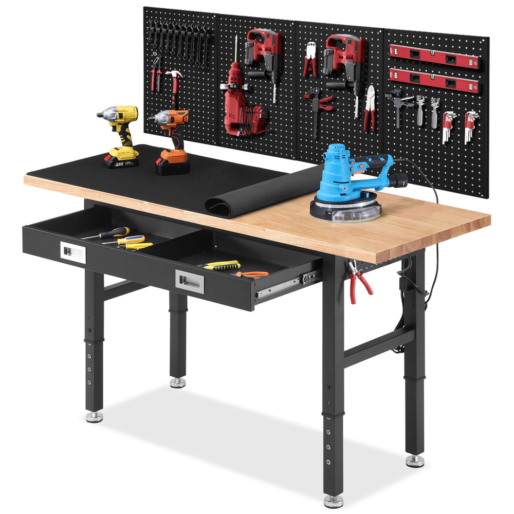 LinkMejor 60" Adjustable Height Workbench With Drawers Rubberwood Top Pegboard Power Outlets 28" To 40" 2000 Lbs Heavy Duty Work Table
