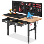 LinkMejor 60" Adjustable Height Workbench With Drawers Rubberwood Top Pegboard Power Outlets 28" To 40" 2000 Lbs Heavy Duty Work Table
