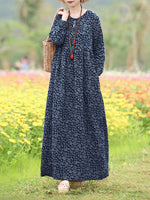 LinkMejor Women Floral Print O-Neck Long Sleeve Bohemian Holiday Maxi Dress With Pocket