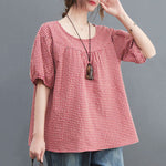 LinkMejor Women Plaid Blouses Shirt Trendy Casual Round Neck Top with Pleats Short Lantern Sleeves Shirt Loose Fit