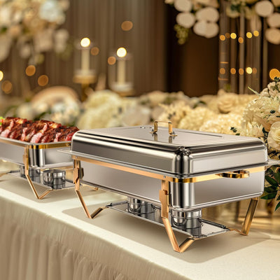 Warmounts 8QT High Grade Chafing Dishes for Buffet, Chafers and Buffet Warmers Sets for Birthday, Wedding, Rolled-Edge Design with Gold and Silver, 2/4 Pack