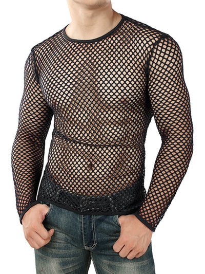 INCERUN Men Fashion Mesh See-through Casual Long Sleeve Hollow Black T-Shirt