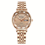 LinkMejor Women Luxury Rhinestone Quartz Watch Waterproof Luminous Wristwatch Calendar Analog Stainless Steel Wrist Watch Elegant Ladies Watches
