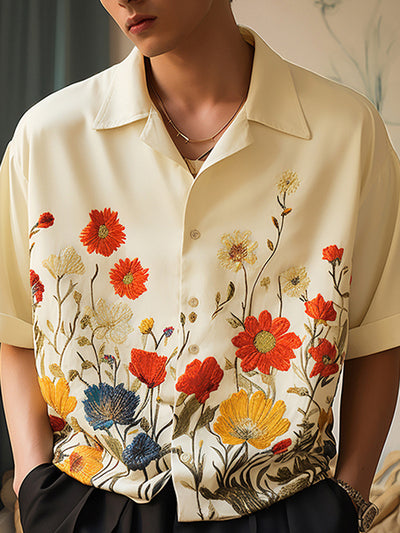 LinkMejor Men Shirts Fashion Flower Print Shirt Mens Summer Streetwear Lapel Short Sleeve Top Daily Casual Shirts S-5XL