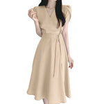 LinkMejor Womens Puff Sleeve V Neck Belted A Line Midi Dress Party Gown Long Dresses
