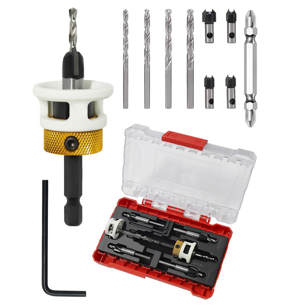Carbide Tipped Countersink Drill Bits Set Low Friction Depth Stop 1/4" Hex Shank Replaceable HSS Pilot Drill Wood Plastic Woodworking