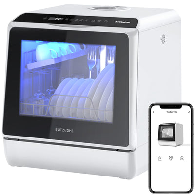 BlitzHome® BH-CDW1 Smart Portable Countertop Dishwasher US Plug with APP Control, 4-6 Sets Big Capacity, Dual Water Inlet Modes, 360°Spraying, 75°High Temperature, Five Cleaning Modes, Drying Function
