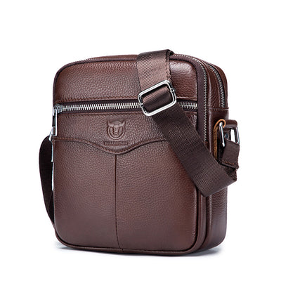 LinkMejor Genuine Leather Men's Shoulder Bag Cowhide Messenger Bags Fashion Male Causal Small Double Zipper Crossbody Bag Short-distance Compact Mini Travel Bag